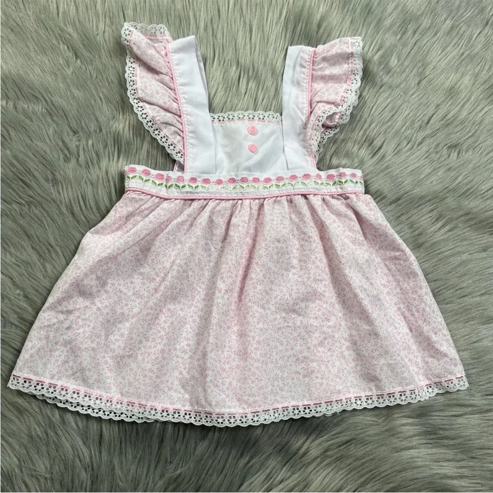 Vintage Baby Girls Pink Floral Ruffle Flutter Sleeve Pinafore Dress